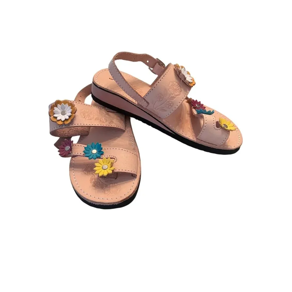 Girl's 3 Authentic Mexican Floral Tooled Sandals Handmade Huaraches Sandalias